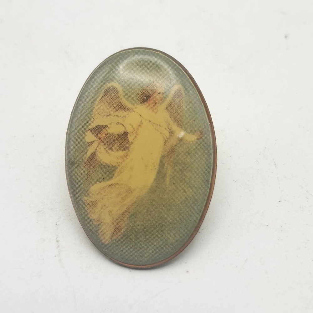 Vintage Guardian Angel Lapel Pin Gold Tone Oval Religious Spiritual Brooch Gift
